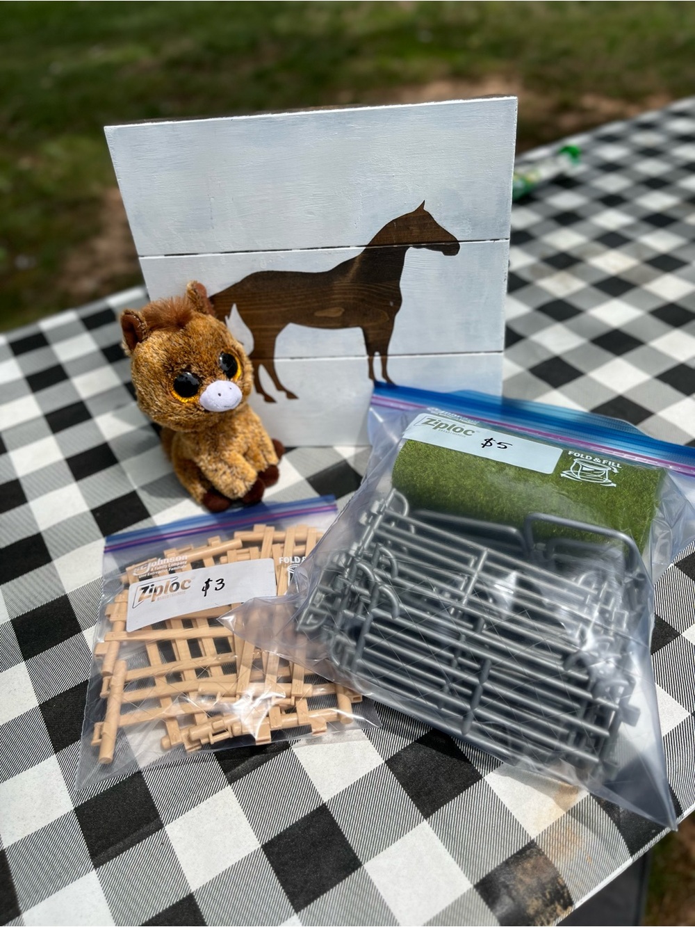 Horse Toy Bundle with Wood Sign, Ty Brown Plush Horse, and stable fencing